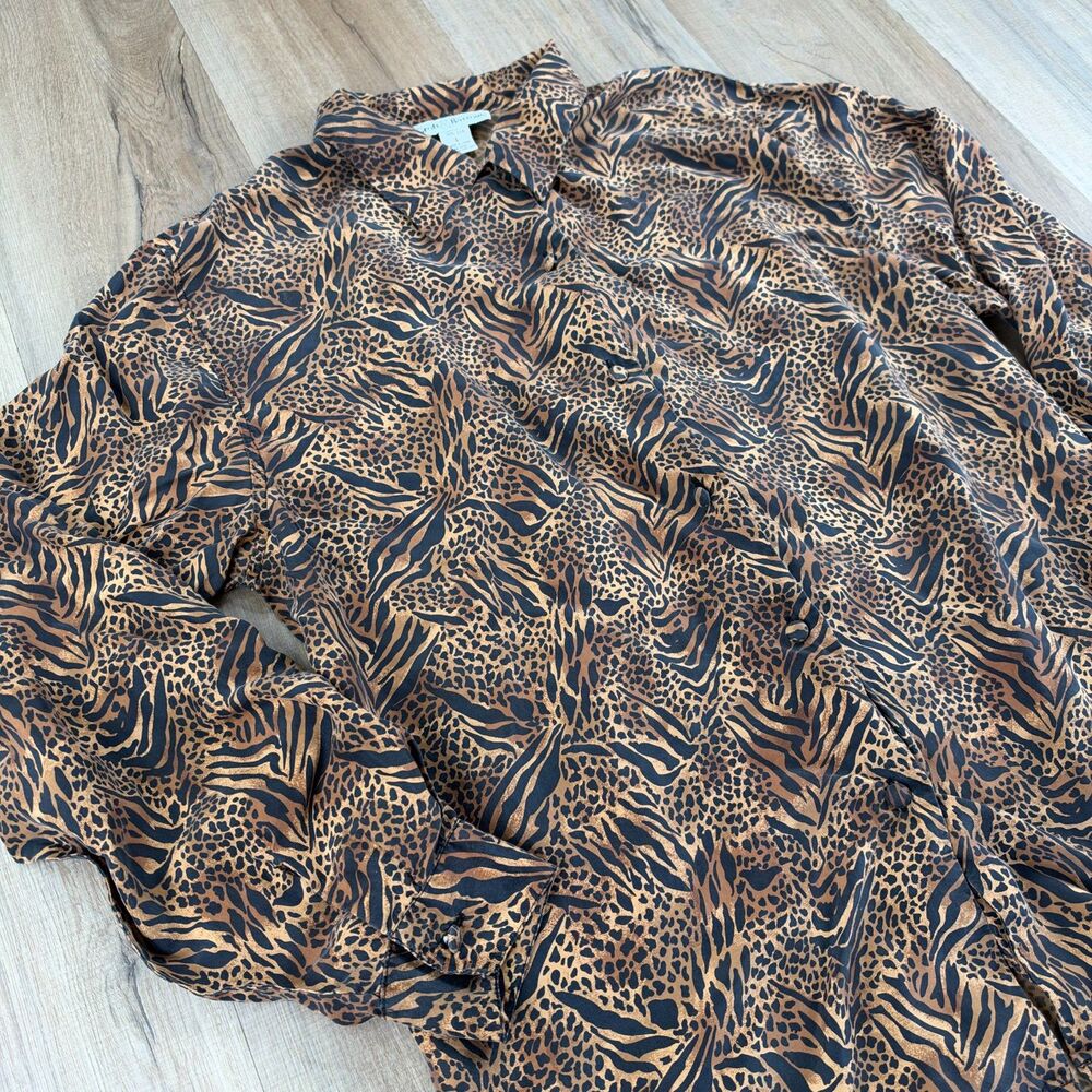 VTG 100% Silk Women's Large Leopard Animal Print Collared Button Sleeve Shirt
